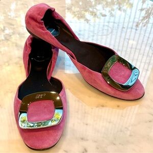 Roger Vivier Paris suede flats, gunmetal silver hardware, purple-pink, 37, EUC